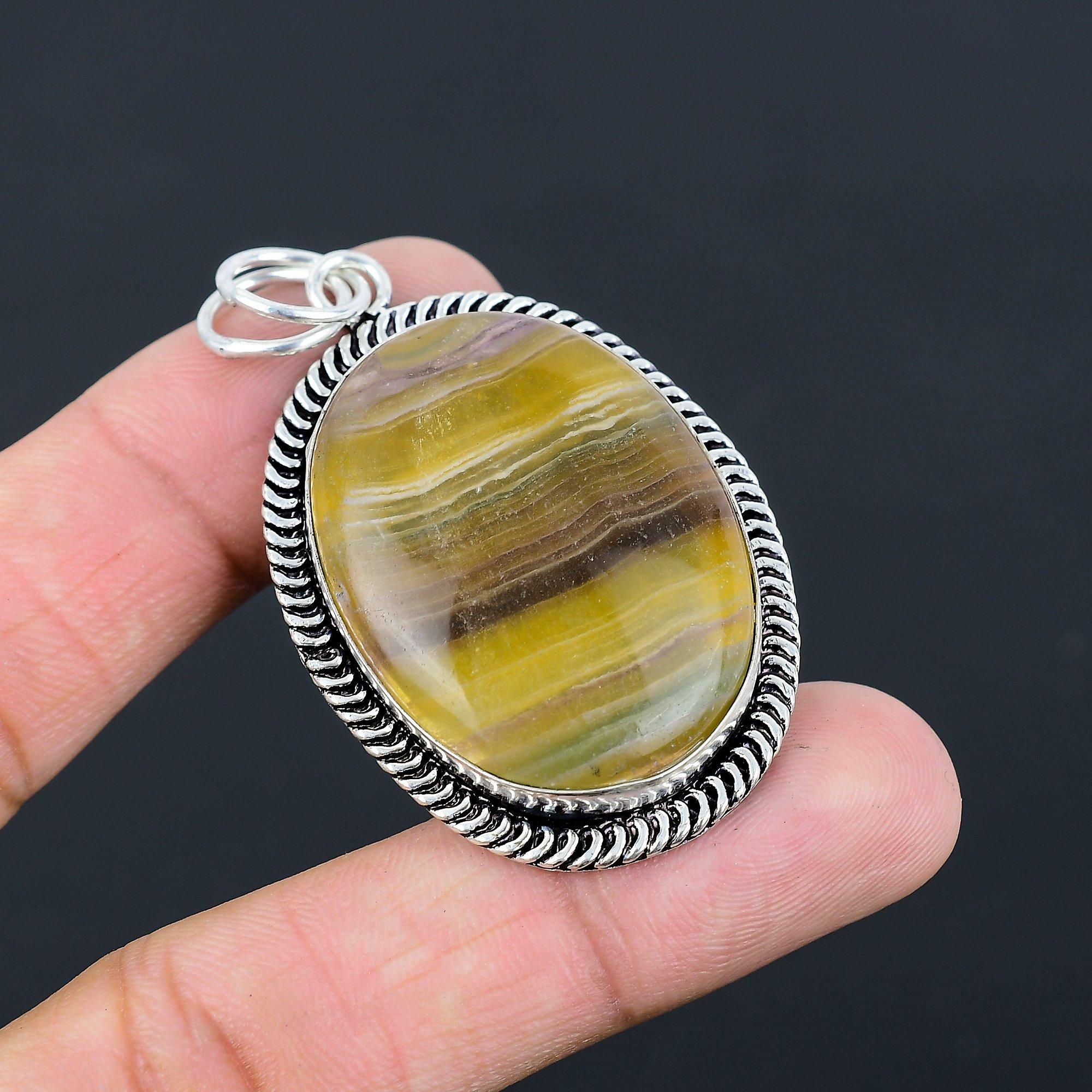 Daughters Day Sale Multi Fluorite Gemstone 925 Sterling Silver Artisan Pendant