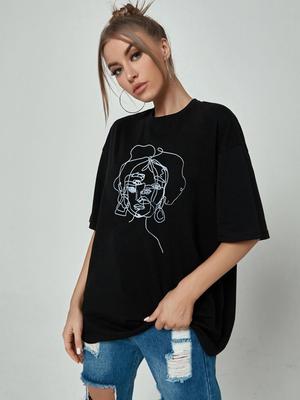 Women's Black Casual Round Neck Short Sleeve Print T-shirt