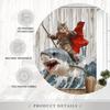 Cat Warrior Riding Shark Shower Curtain Anthropomorphic Cat Holding Trident Ocean Waves Fantasy Decor With Hooks