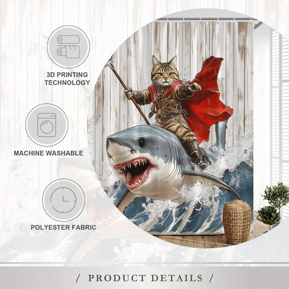 Cat Warrior Riding Shark Shower Curtain Anthropomorphic Cat Holding Trident Ocean Waves Fantasy Decor With Hooks