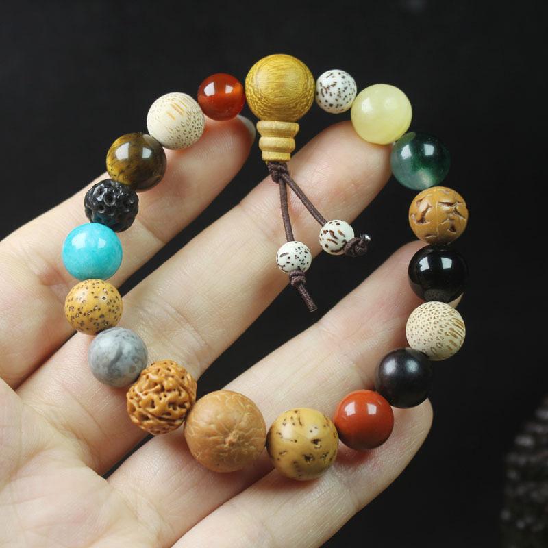 Traditional Chinese 18 Bodhi Seeds Mala Bracelet, Lingyin Style Multi-Treasure Prayer Beads for Couples