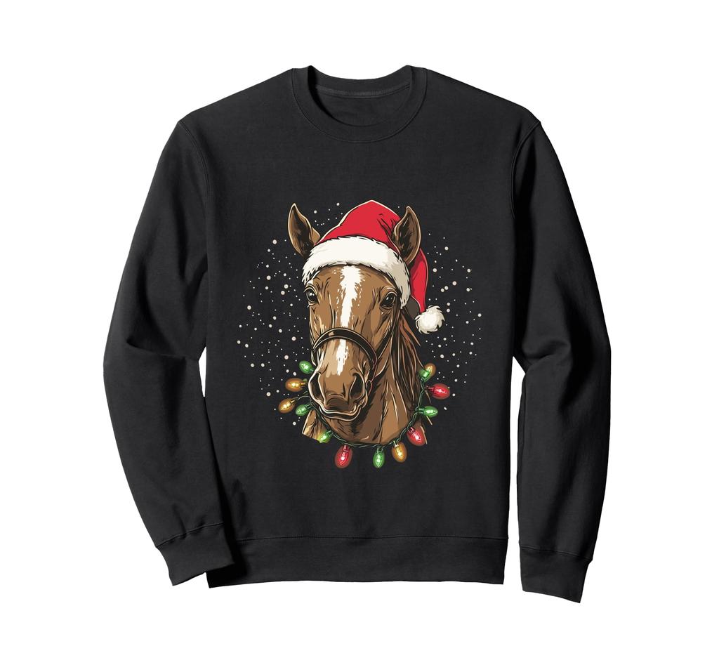 Funny horse riding trainer with santa hat and lights