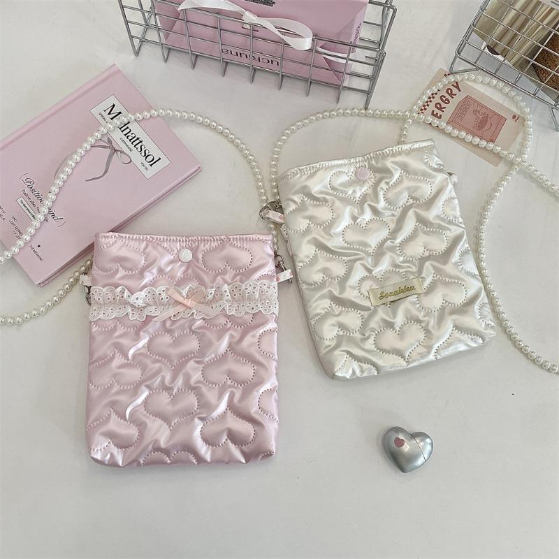 Pu Bow Padded Cotton Messenger Small Bag Mobile Phone Bag Pearl Chain Bag Portable Mini Cosmetic Bag