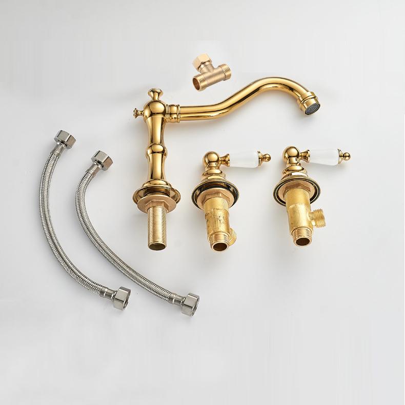 Złoty Chrom Mosiądz Bateria Umywalkowa Mieszak Bateria Kuchenna Antyczna Czarna Podwójne Uchwyty 3 otwory Bateria Wannowa