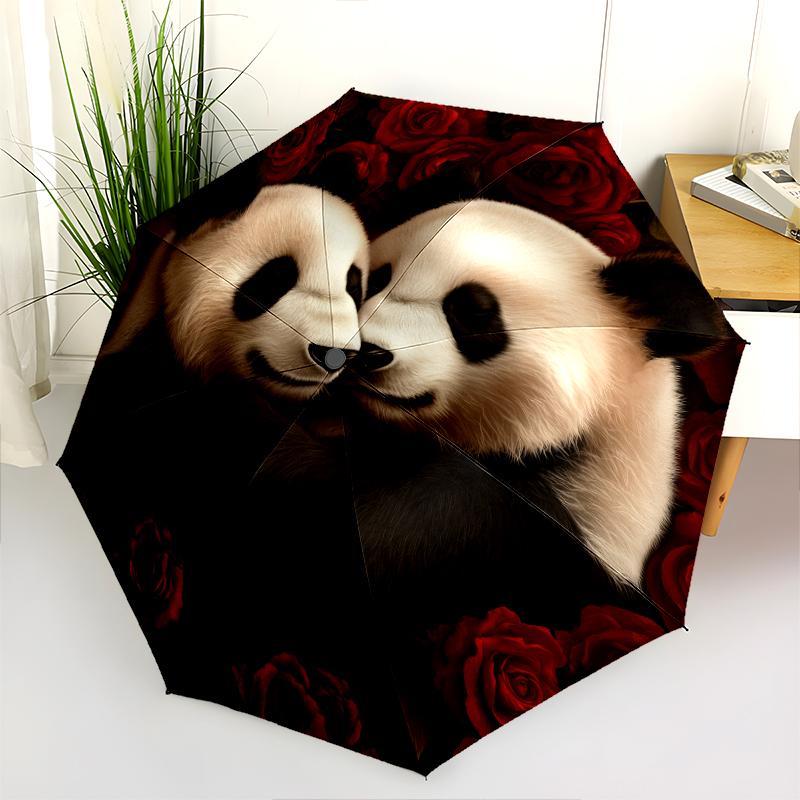 Panda and Rose Pattern, Automatic Folding Umbrella, Portable and Foldable Design, 8 Ribs, a Christmas or Birthday Gift.