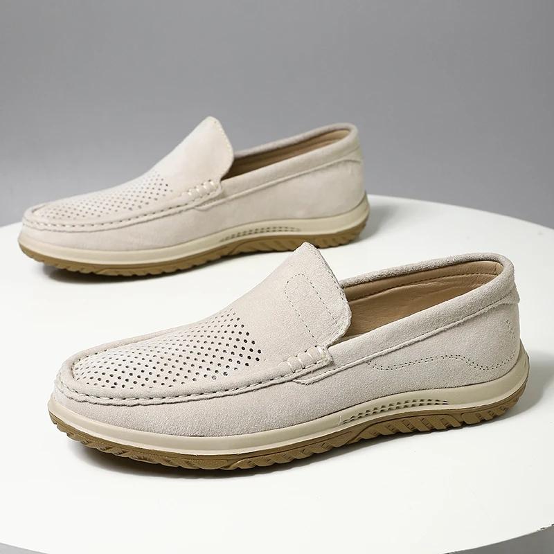 

Модные летние новые мужские туфли из натуральной кожи, светлые мокасины, мужские дышащие туфли на плоской подошве с вырезами, повседневные мужские туфли для вождения без застежек 44