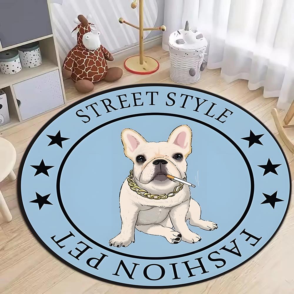 Cartoon Dog Pattern Round Carpet Street Style Poodle French Bulldog Schnauzer Design with Star Decor Soft Rug for Kids Bedroom