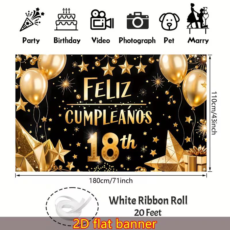 2D Black Gold Feliz Cumpleaños Backdrop for Spanish 18th Birthday Portrait Photoshoot