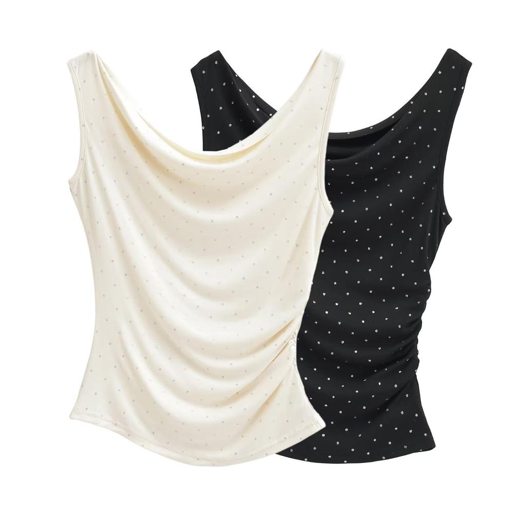 Hot Diamond Sleeveless Off-Shoulder T-Shirt Women's Summer New American Spice Girl Style Waist Pleated Short Bottom Top