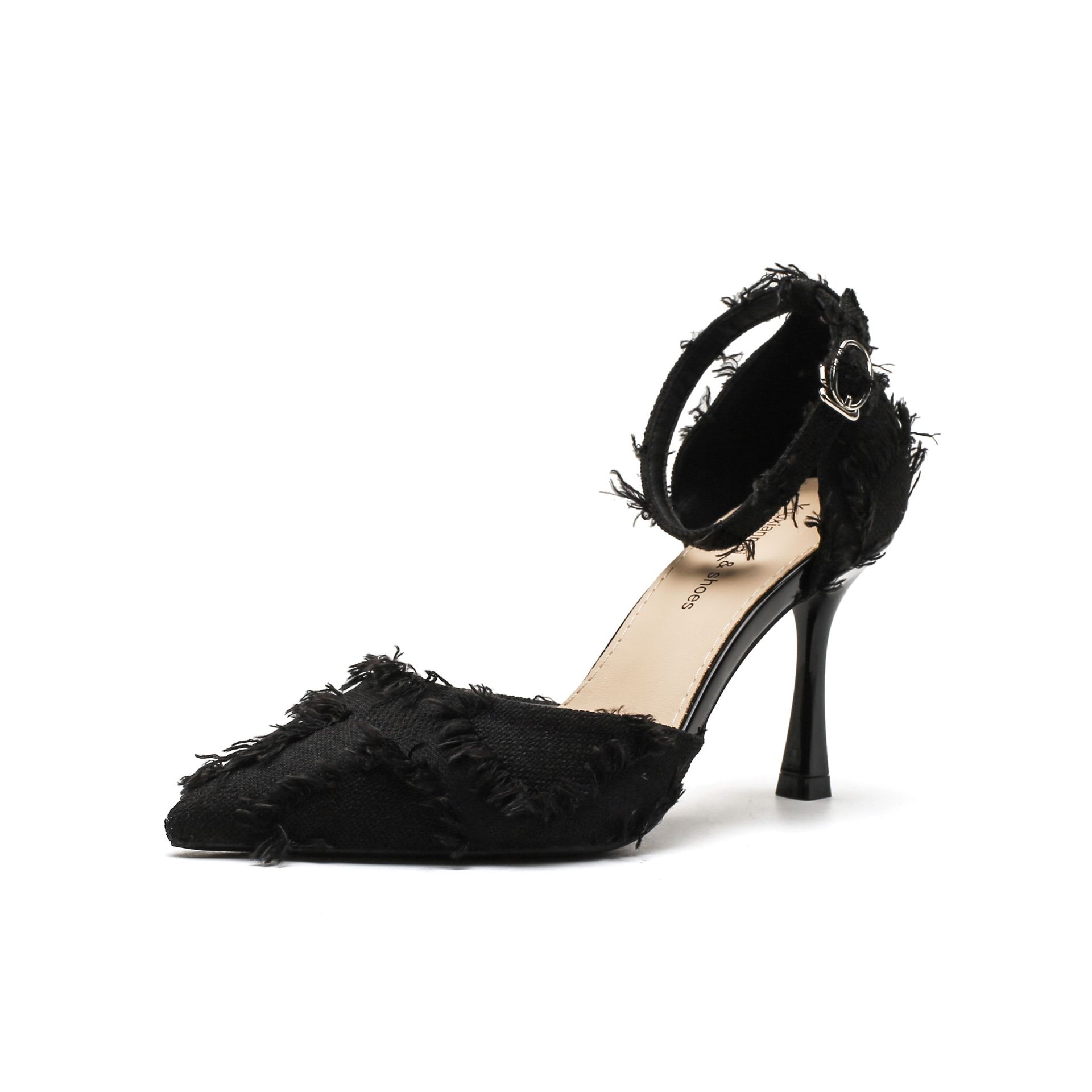 

Летние женские туфли-лодочки, модные сандалии с острым носком из ткани с пряжкой на высоком каблуке, женские одинарные туфли на высоком каблуке 40