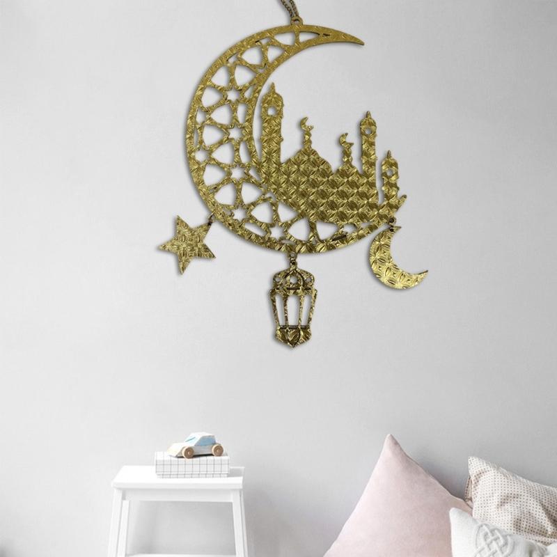 Eid Mubarak Home Decoration Golden Moon and Star Wood Holiday Pendant Decorative Hanging Ornament for Home Office