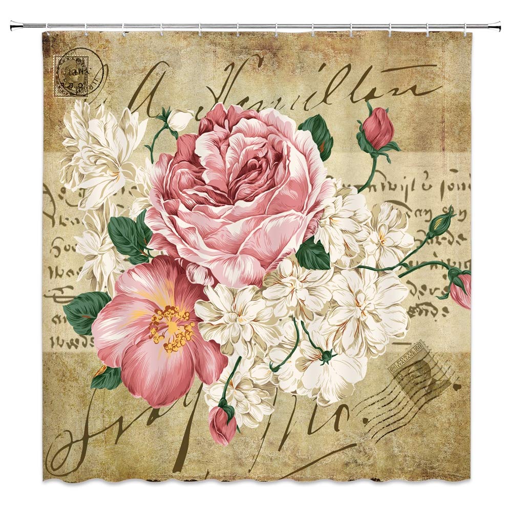 Red Rose Shower Curtain Retro Rose Floral Bathroom Decor Bath Curtain Polyester Fabric Waterproof Bathroom Curtains With Hooks