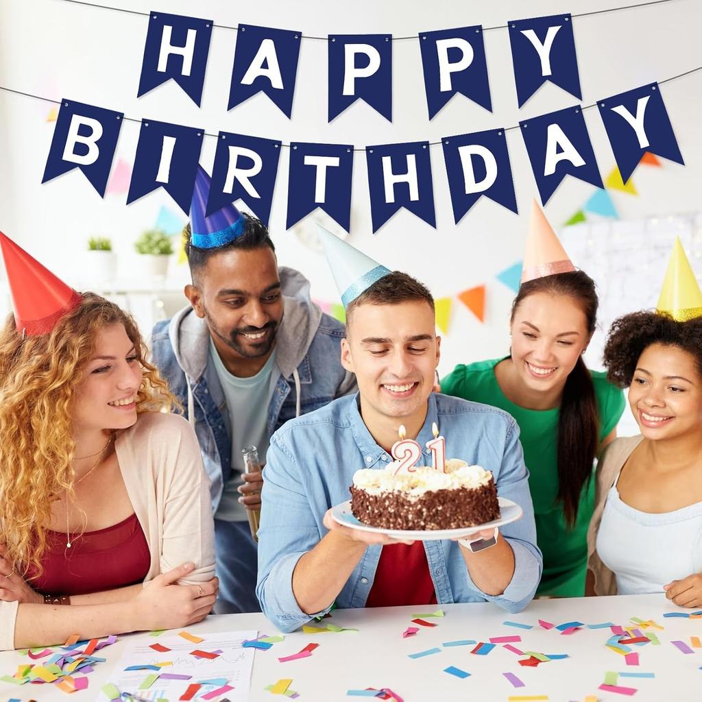 Navy Blue Happy Birthday Banner Signs Party Decorations for Women Men Girls Boys