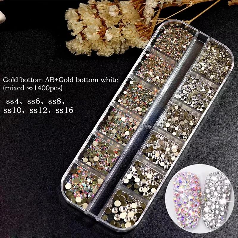 750 Stück Nagelkunst-Dekorationen, AB-Kristall-Nagel-Strasssteine in mehreren Größen, flache Unterseite, kristallklare Diamant-Edelsteine, DIY-Nägel, Glitzer