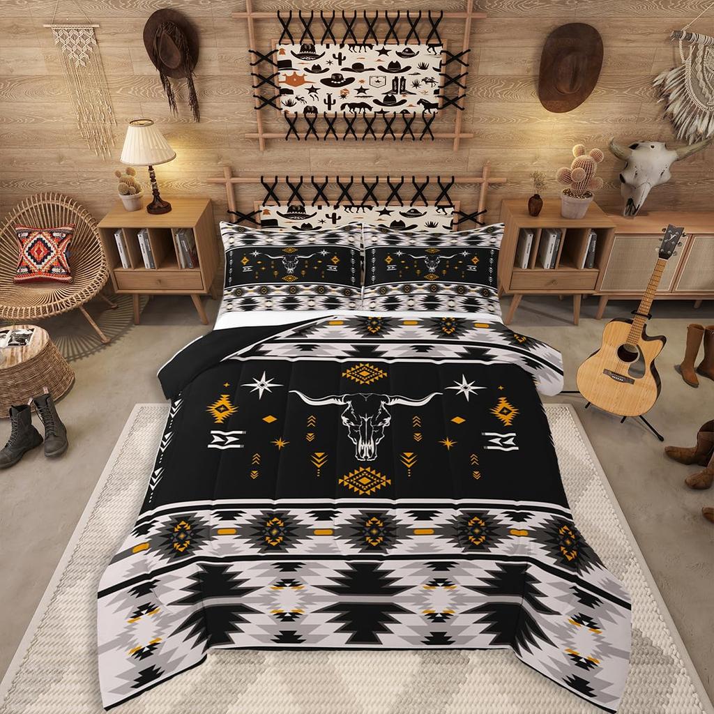 Erosebridal Western Aztec Comforter Set King Size, Boho Farmhouse Bedding Set for Kids Boys Teens Ethnic Southwest Bull Skull Cow Quilt Amer