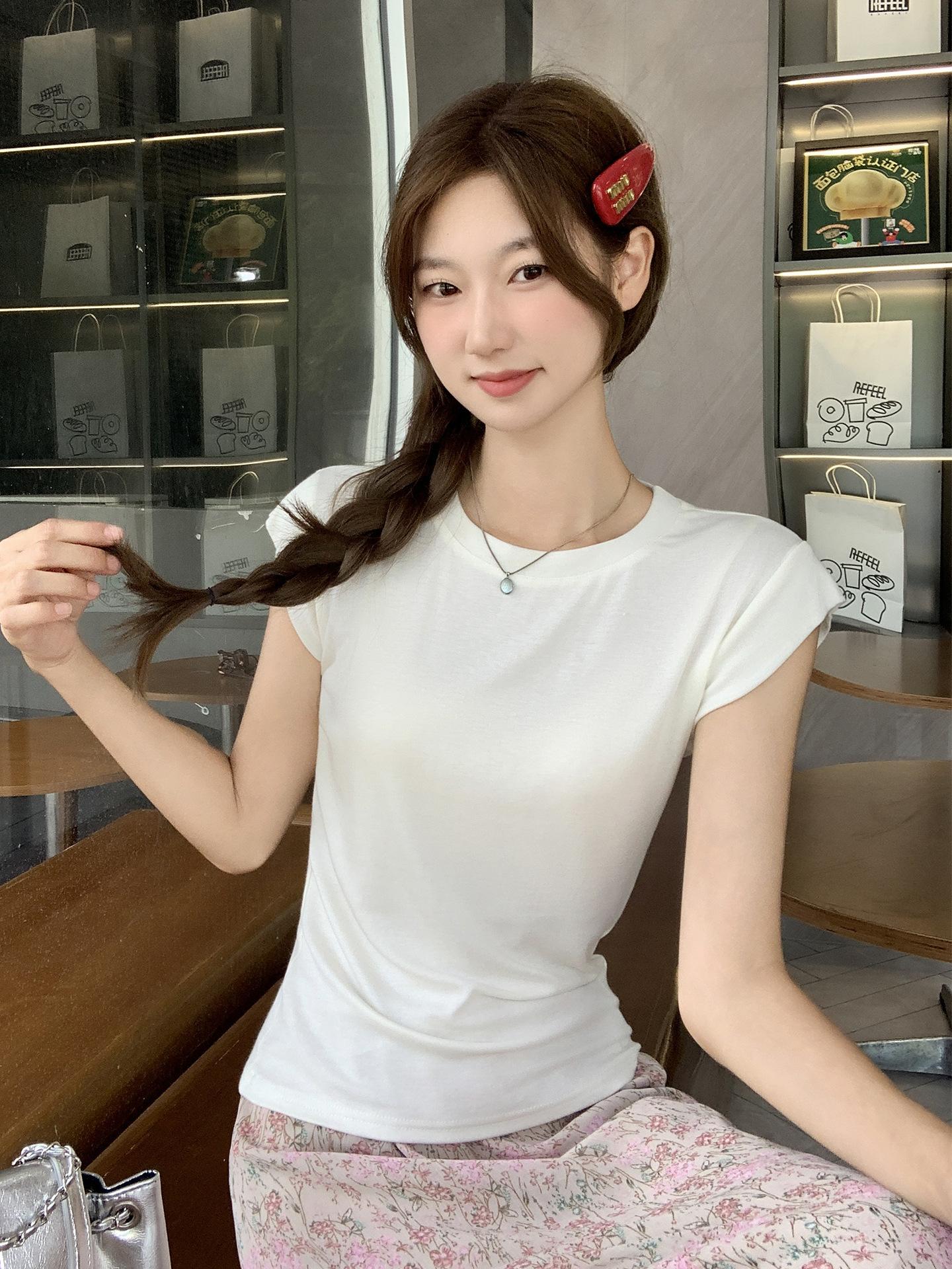 

Grey purple round neck front shoulder short-sleeved t-shirt women s summer new Xiaofei sleeve design unique and chic S белый