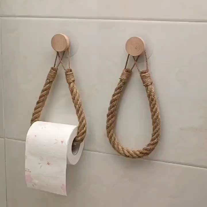 Rustic Hemp Rope Toilet Paper Holder - Self-Adhesive Wall Mount Bathroom Tissue Storage with Wooden Knob, Natural Braided