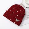 Solid Color Crystal Pearl Bow Beanie Warm Pullover Hat Fashion Knit Hat  Outdoor