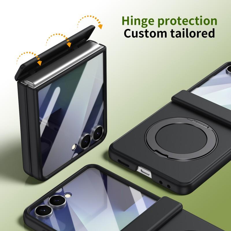 Per custodia Samsung Galaxy Z Flip 7 6 5 con vetro temperato, supporto rotante in lega magnetica, resistente alle impronte digitali