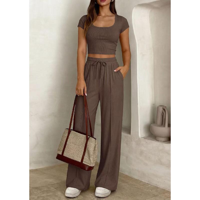 2026 Spring/Summer New Women's Casual Slim-Fit Two-Piece Set with Short Sleeves and Long Pants for Commuting