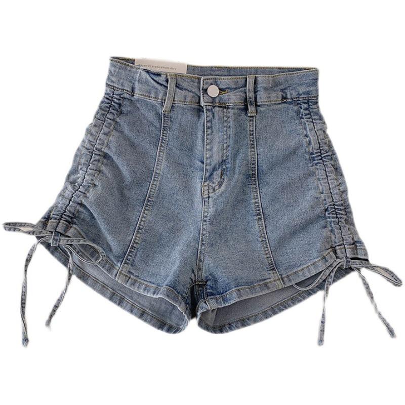 Modaya Uygun Çok Yönlü İpli Yüksek Belli Streç Denim Şort Kadın Pilili Pantolon Yaz Tasarımı Yüzde Yüz Uyumlu İnce Geniş Paça Pantolon