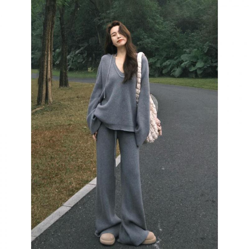 

7802-3 Loose-Fit V-Neck Hooded Knitwear - Cozy Autumn/Winter Casual Style M серый