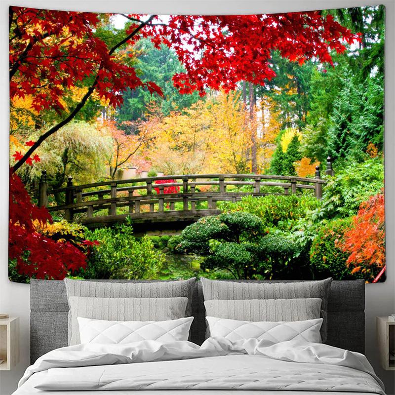 

Autumn Colors by the Bridge Japanese Garden Landscape Decorative Tapestry 74x94cm(29x37in)