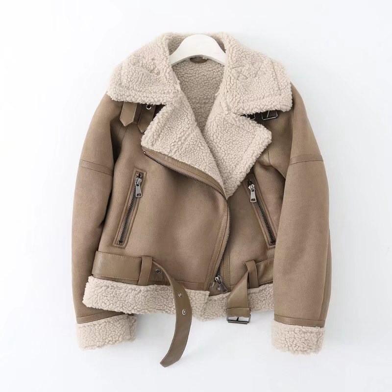 Winterjacke für Damen, dick, warm, Wildleder, Lammfell, kurze Motorradjacke, Jacke für Damen, doppelseitig, Kunstlammfell, Schaffell, Lederjacken, Oberbekleidung