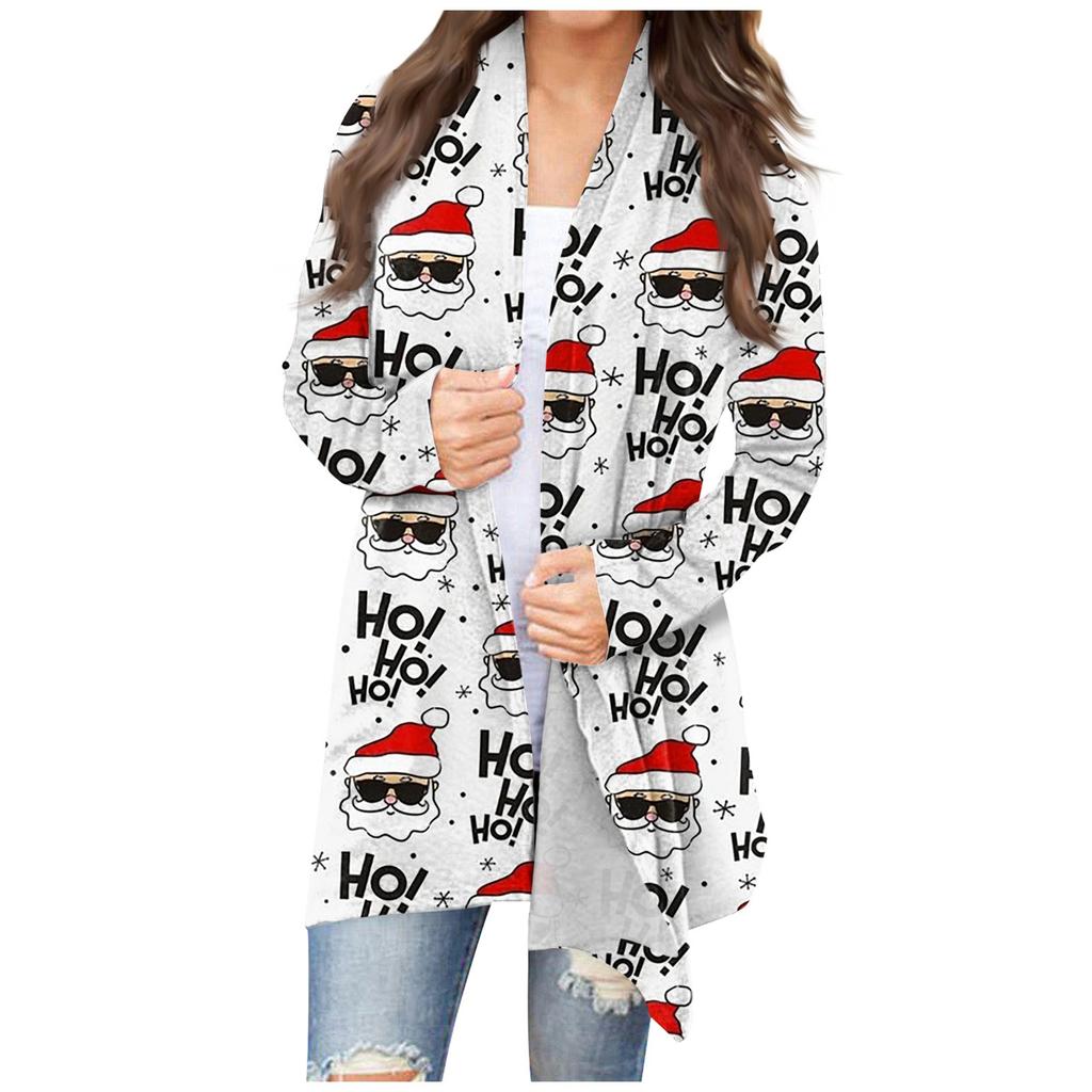 Lässiger, mittellanger Cardigan-Mantel mit Blumen- und Weihnachtsdruck für Damen
