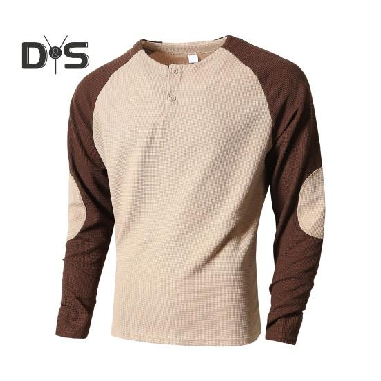 

Весна Осень Мужская футболка с длинным рукавом и цветными блоками, на пуговицах, с круглым вырезом, с нашивками, повседневная спортивная футболка для вечеринок S хаки