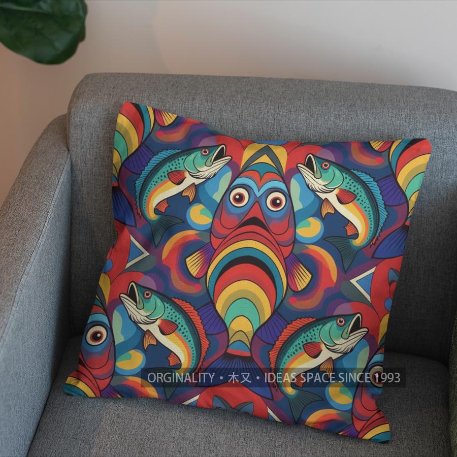 2D Colorful Fish Pattern Pillow For Modern Decor Pattern Cushion Cover Suitable For Sofa Bedroom Car Pillow Cover