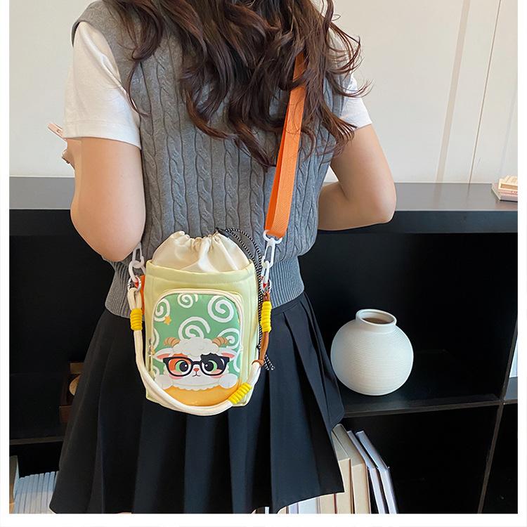 Cute Cartoon Print Water Bottle Bag Women's Commuter Satchel Soft Polyester Material Zipper Closure Vertical Shape Storage Bag