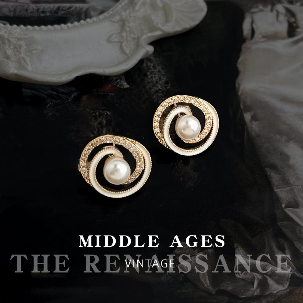 Spiral hollow zircon pearl stud earrings French elegant court style earrings women