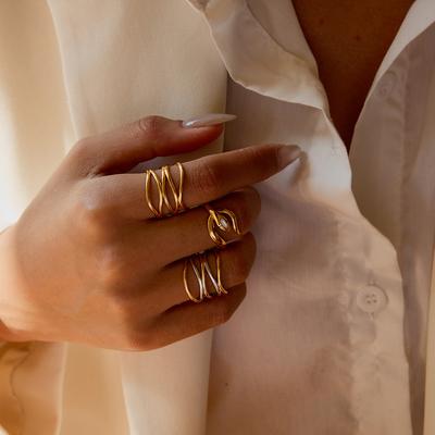 Two Color Gold Silver Geometric Lines Metal Ring Stainless Steel Unisex Finger Jewelry Minimalist Hollow Fashion Ring
