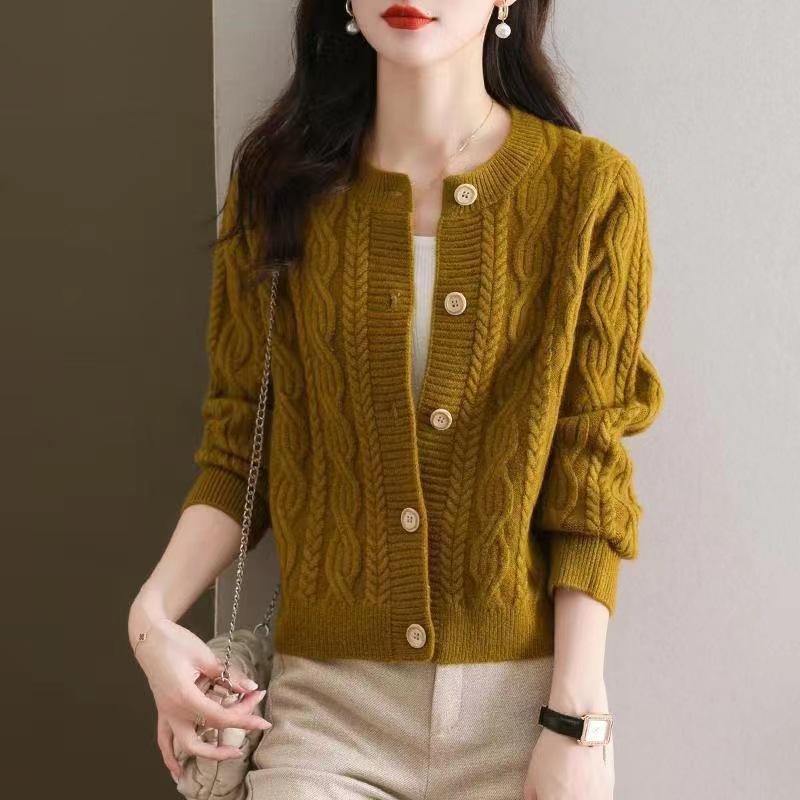 2026 Women's Round Neck Cable Knit Cardigan - Autumn/Winter Trendy Short Sweater Coat