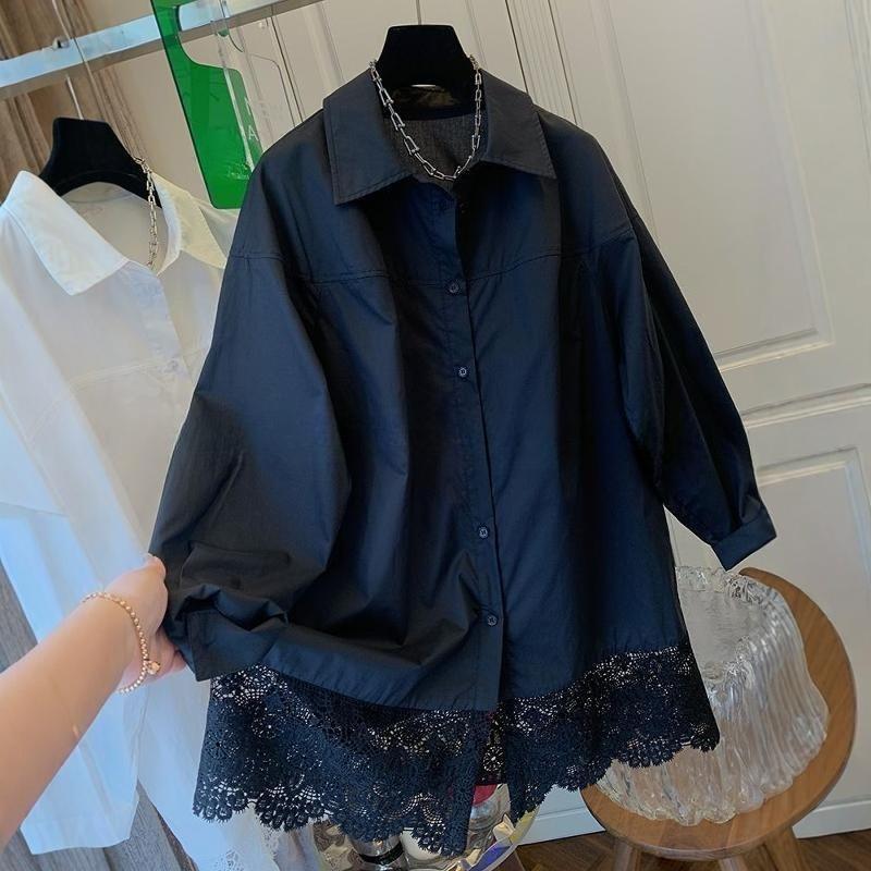 White Lace Patchwork Shirt Y2k Long Sleeve Loose for Women Lapel Neck Single Breasted Blusas Mujer