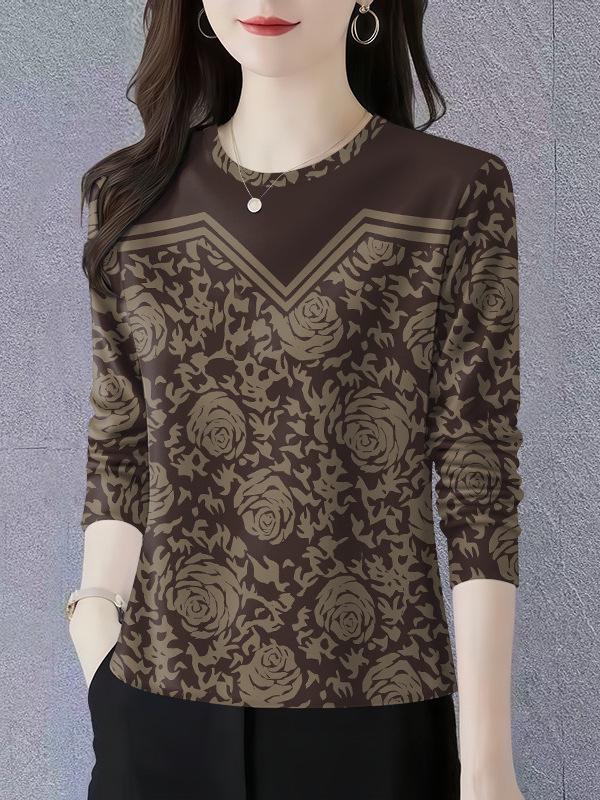 Spring/Autumn 2025 Long-Sleeve Round Neck Slimming T-Shirt for Moms