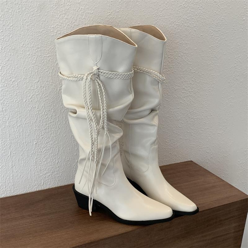 

Miting Long Western Cowboy Boots White Stylish Versatile Hemp Rope Tassel Strap Thick Heel Pointed Skinny Knight Boots 40 белый