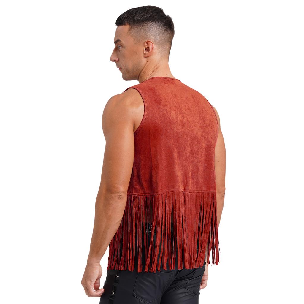 Herren Westliche Cowboy Weste Kunstleder Quasten Design Nieten Fransen Weste Offen Vorne Ärmellose Jacke