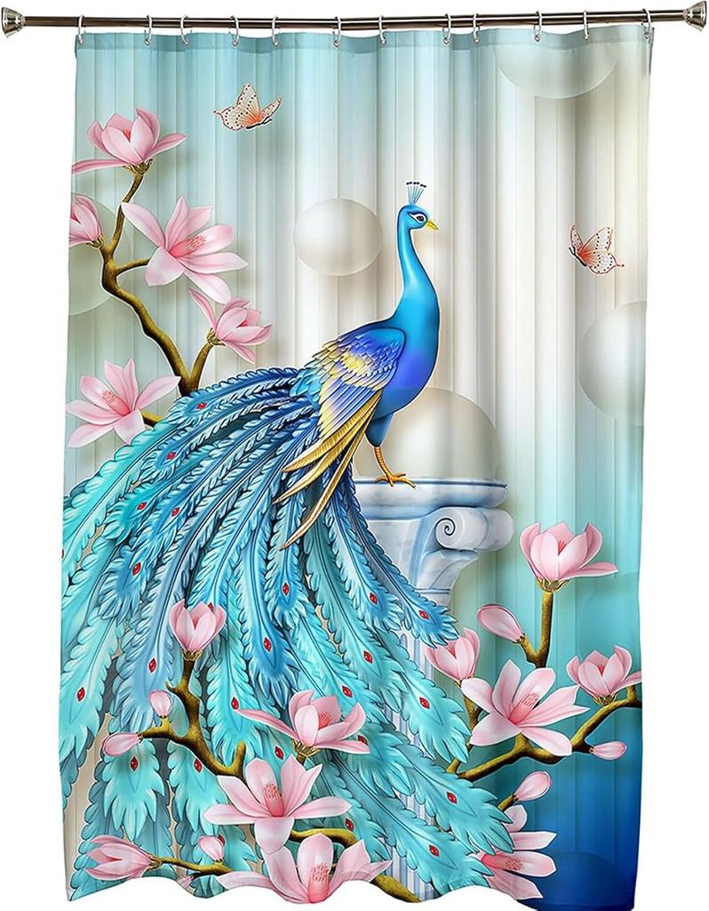 Peacocks Shower Curtains Chinese Birds Feather Bathroom Curtains Retro Flower Waterproof Polyester Bathtub Screen With Hooks