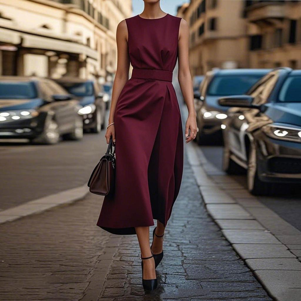 Women's Fashion Casual Solid Color Zipper Sleeveless Round Neck Dress With Belt