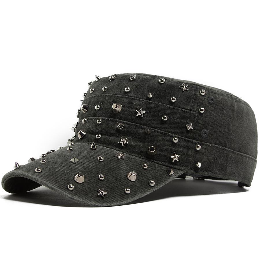 

Rivet Flat Hat Women Fashion Punk Rock Hip Hop Baseball Cap Y2K Men Vintage Military Cap Retro Visor Trucker Hats Adjustable Adjustable армія зелений колір