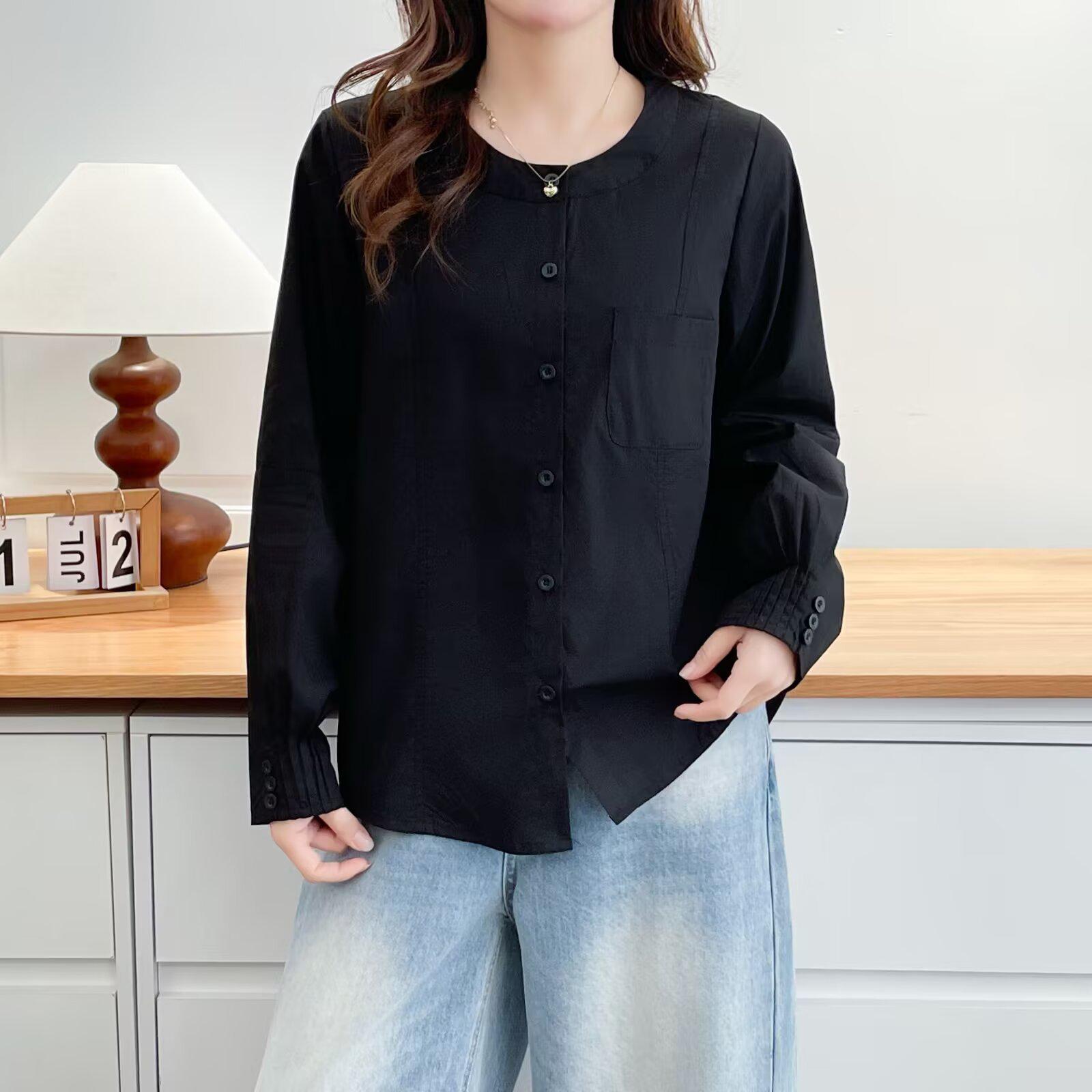 Women s Spring Casual Loose Pleated Sleeve Button-Down Shirt, Long Sleeve, Versatile Plus-Size Flattering Top 3XL