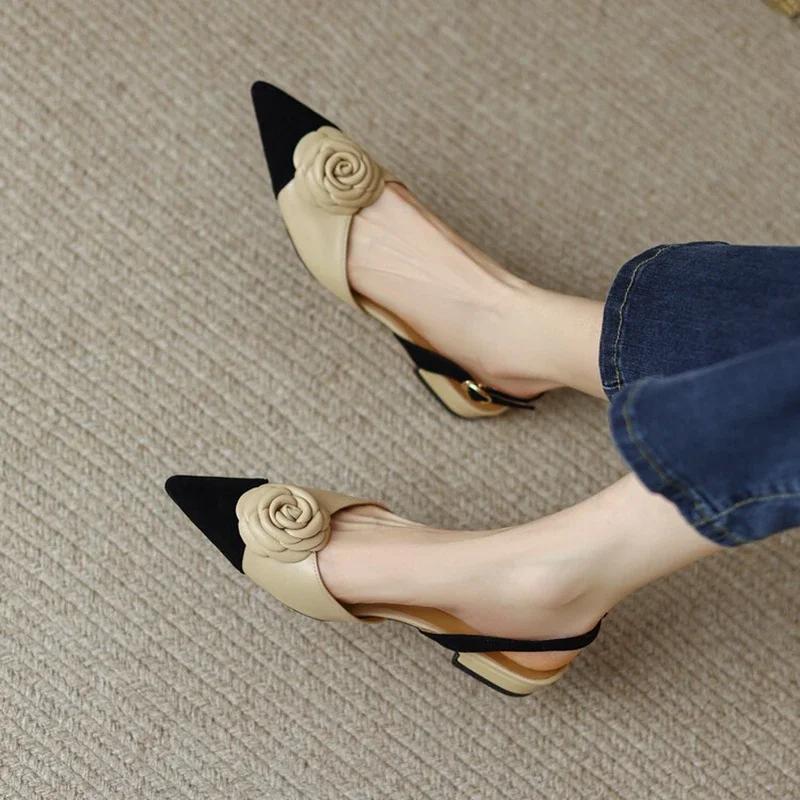 Fashion NEW Summer Sandals Women Shoes Pointed Toe Women Sandals Chunky Heel Shoes for Women Fashion Mixed Color Flower Low Heels