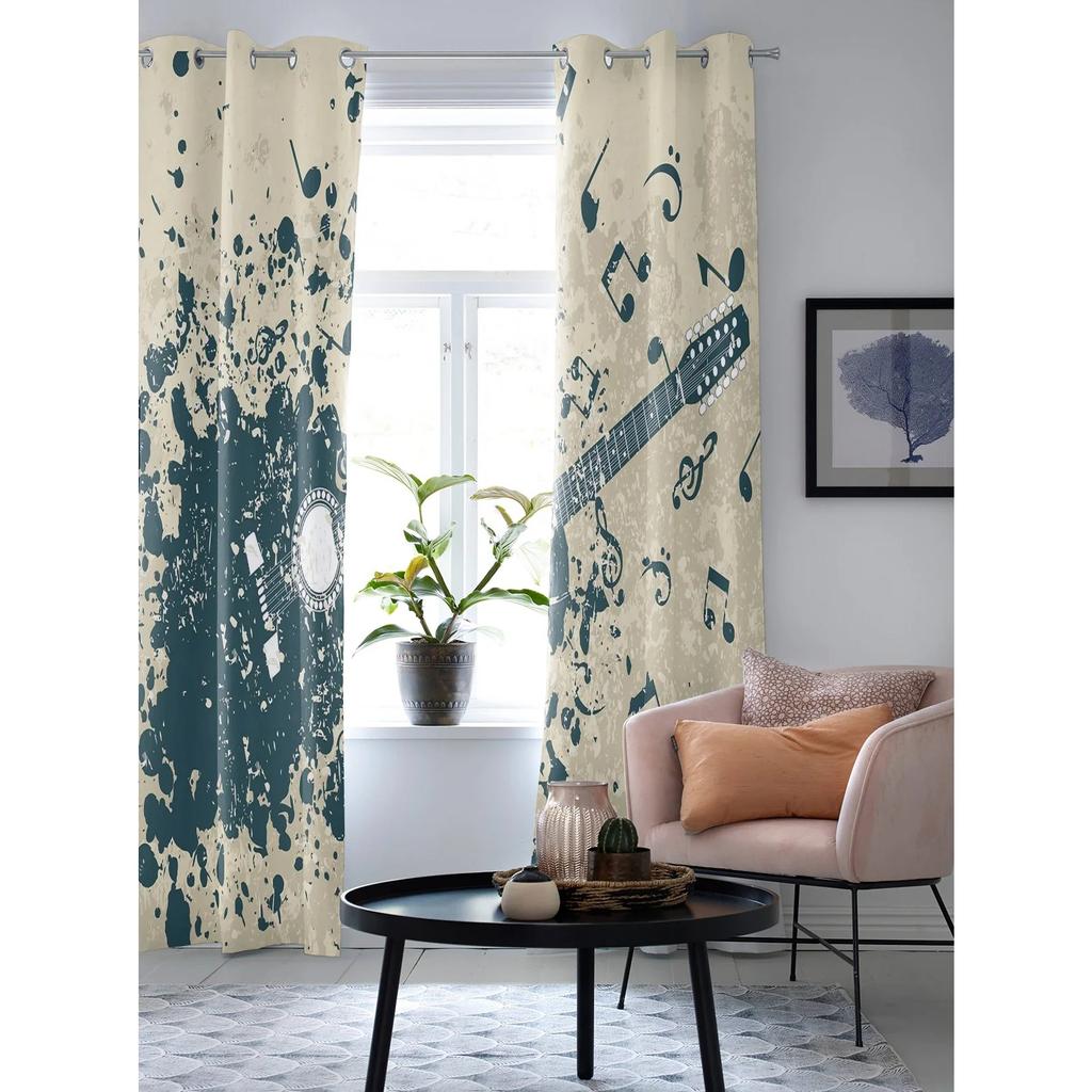 Gitaar Muzieknoten Blauw Retro Raamgordijnen voor Slaapkamer Woonkamer Decoratie Modern Keuken Raamgordijn Hotel Drapes