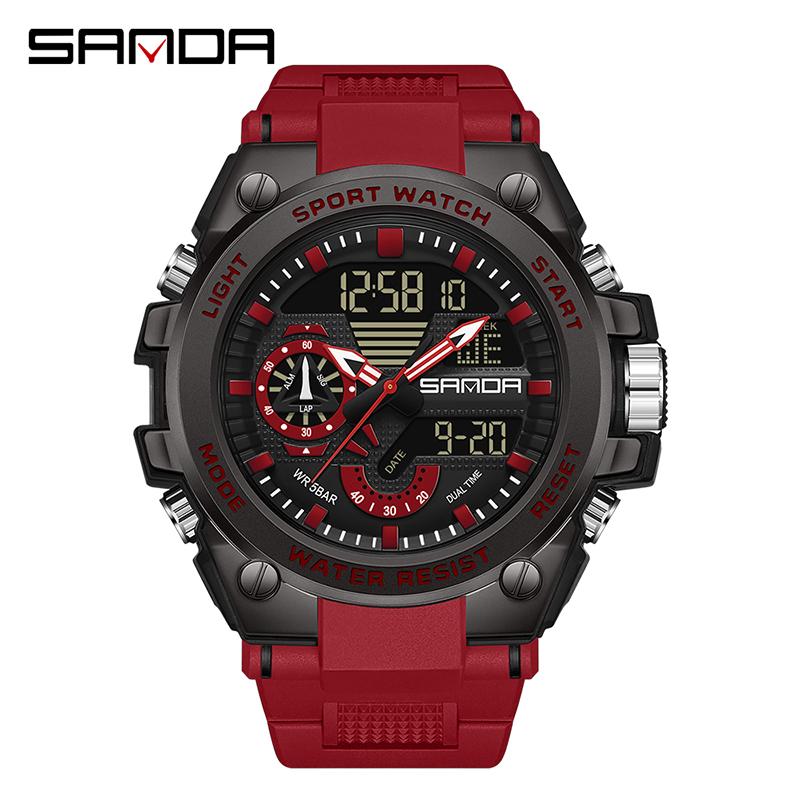 SANDA Luxury LED Dual Display Digital Quartz Watch for Men Shockproof Waterproof Sports Wristwatches Student Watch
