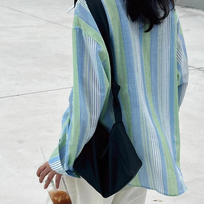 Camisa de Mujer Azul Verde Rayada Oversize Holgada Manga Larga Casual Blusa de Botones