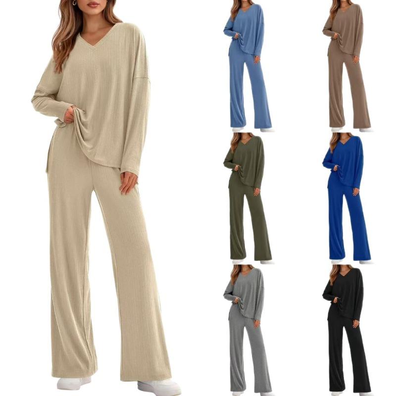 New Spring/Summer Two-Piece Set Cotton-Like Casual V-Neck Long-Sleeve Loose-Fit Pants Set for Women