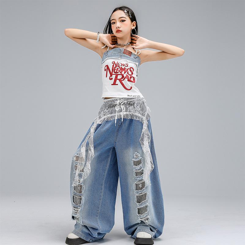 Kostium do tańca jazzowego w stylu koreańskim dla dziewcząt - Dziecięce podarte dżinsy na letni występ.