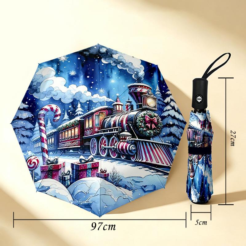 Christmas Train 8 Ribs 3Fold Black Glue Uv Protection Umbrella Sun Protection Rainproof Compact Folding Umbrella For Travel Daily Use C9241415
